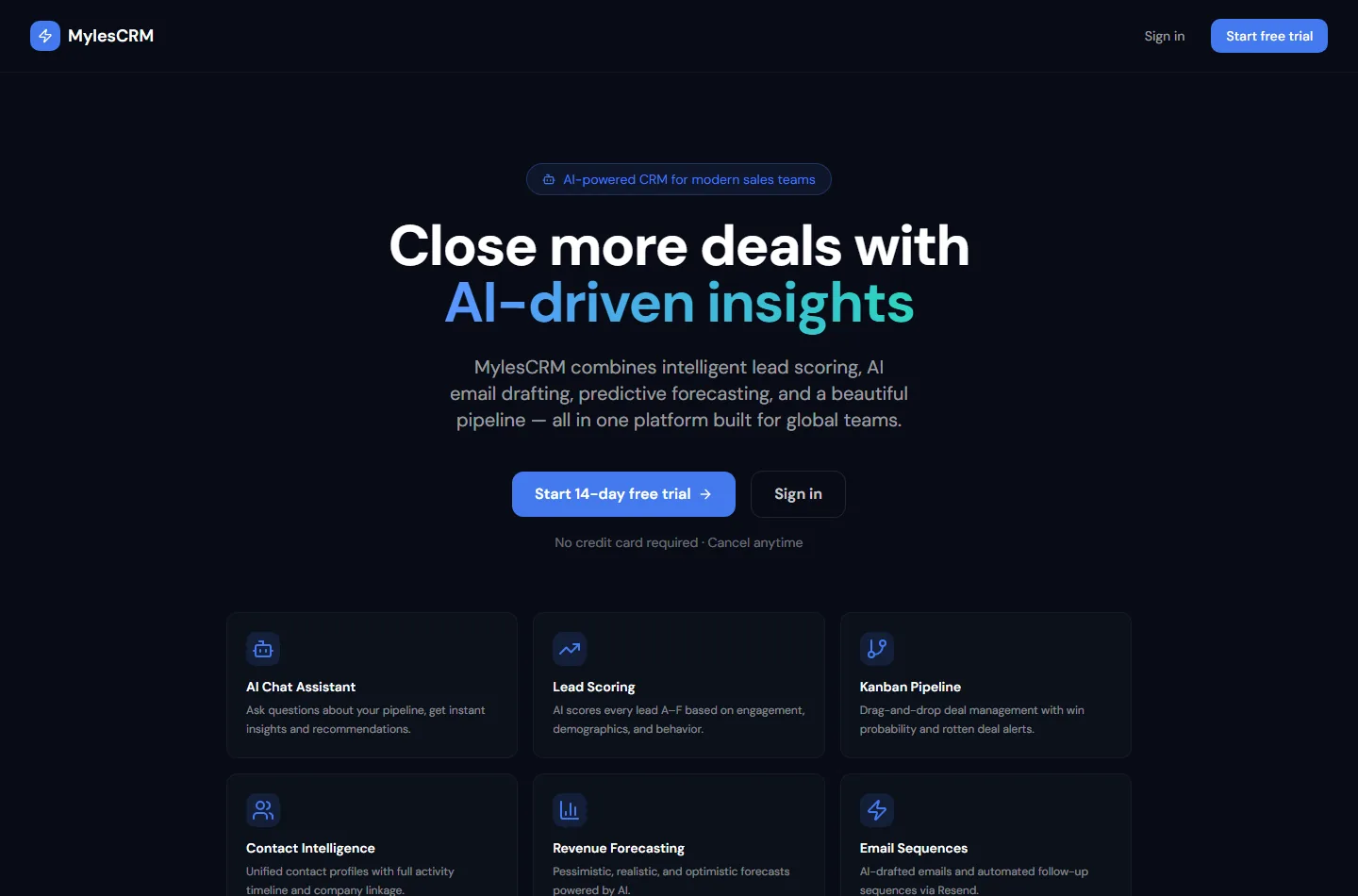 MylesCRM homepage preview